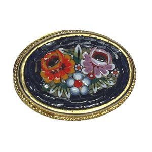 Vintage Cloisonné Brooch Oval Floral Gold-Tone